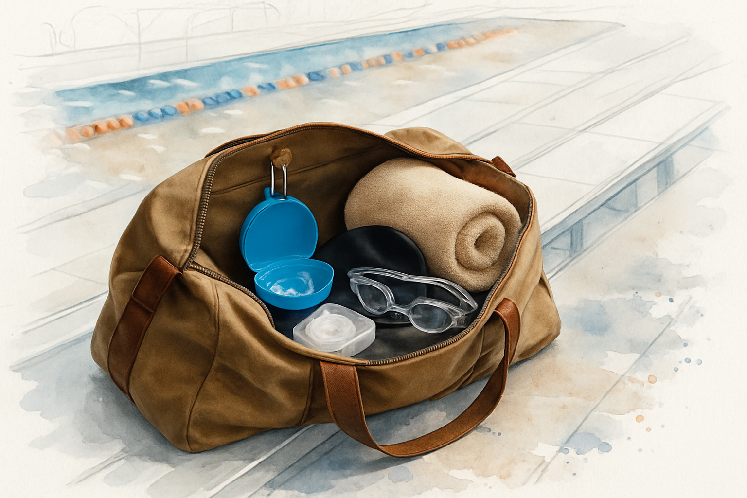 Aligner case clipped inside a sports duffel bag on pool deck bleachers next to goggles and a mouthguard