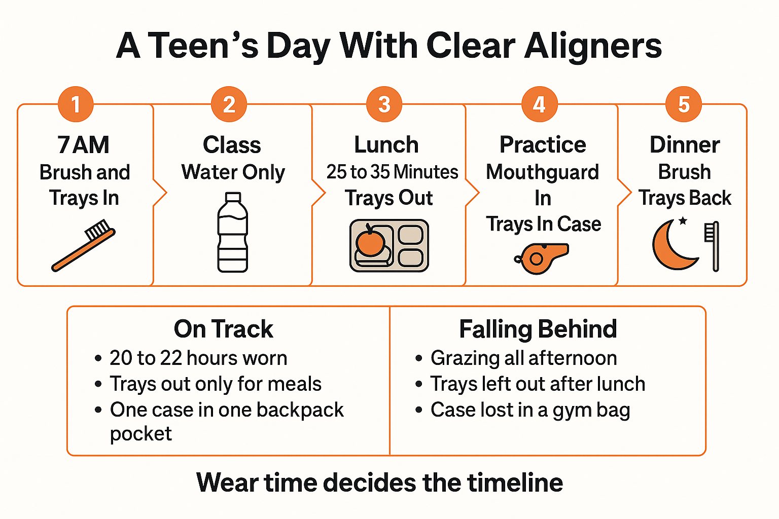 Infographic showing a teen's daily clear aligner schedule and where wear time is commonly lost