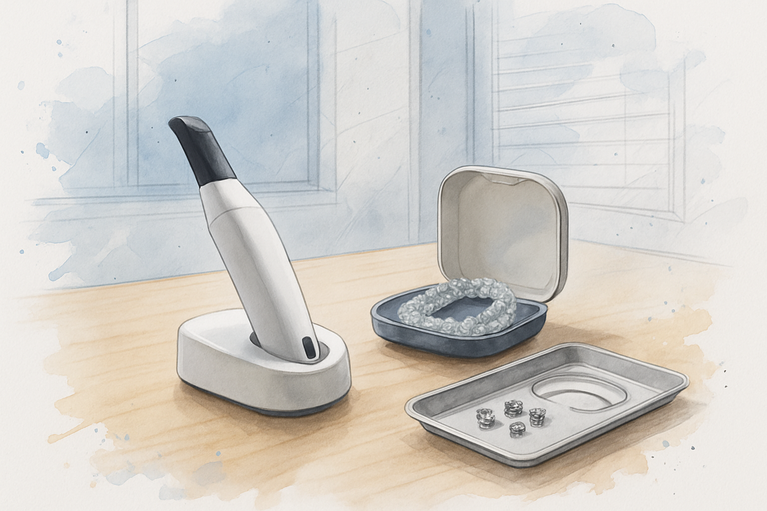 Digital scanner wand, clear aligner tray and small brackets on an orthodontic office counter