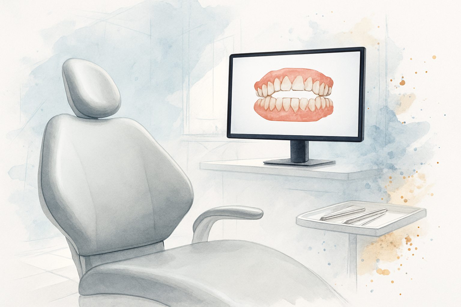 Chairside monitor showing a 3D digital scan of teeth in a clean orthodontic treatment room