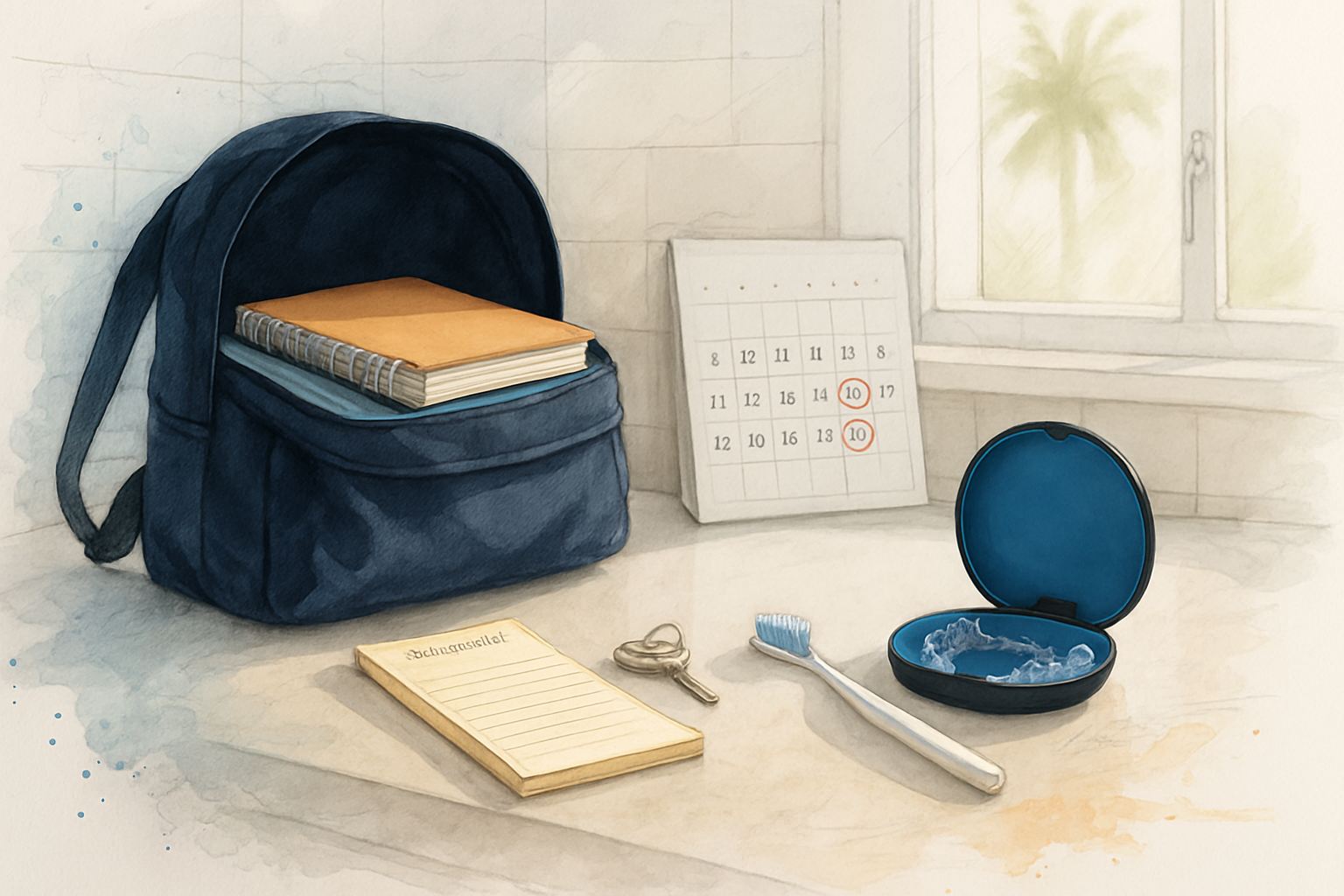 Backpack, calendar and clear aligner case on a kitchen counter before the back to school season