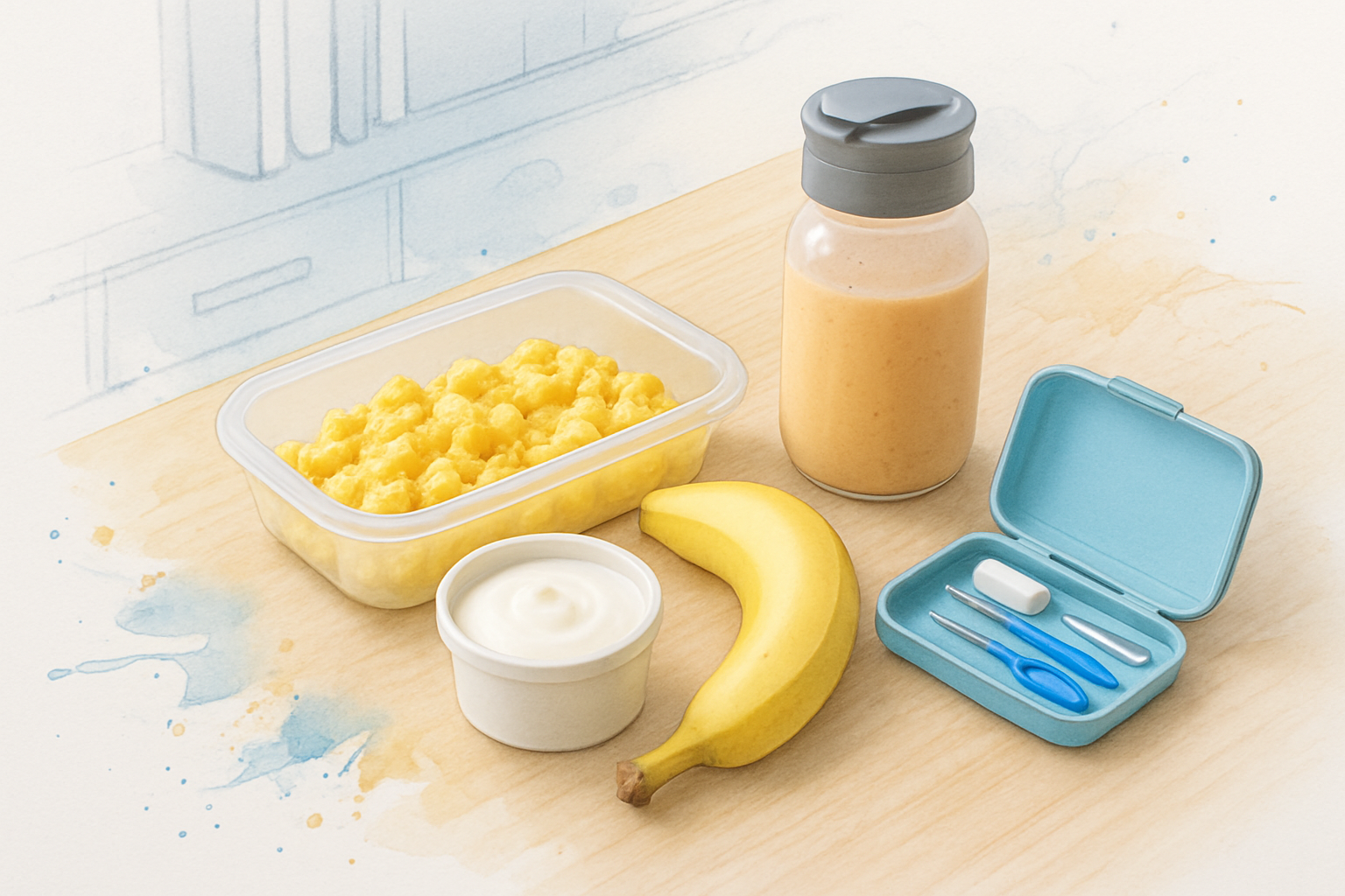 Soft foods lunch and orthodontic care kit packed for the first week of braces