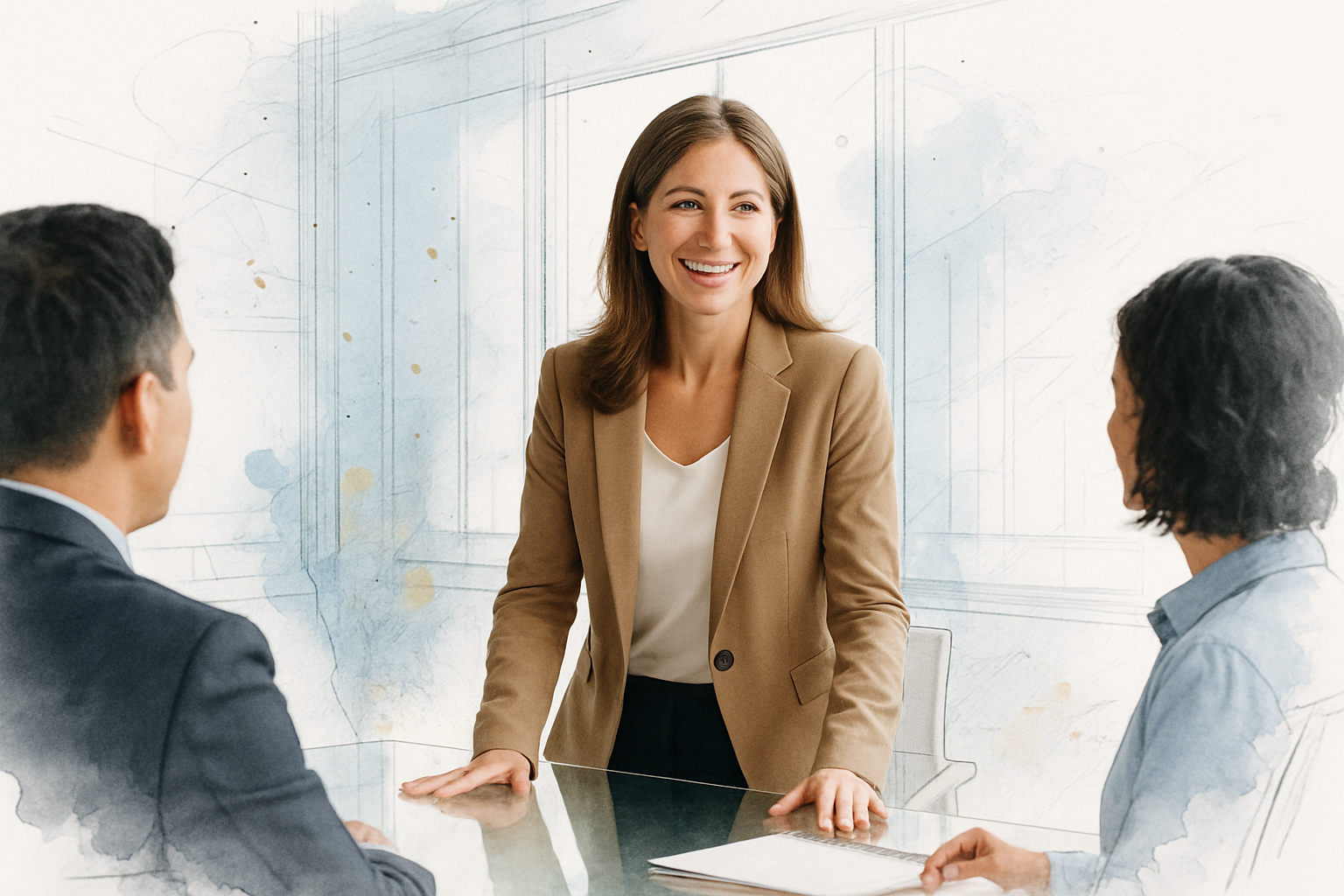 Woman in a blazer speaking confidently in a meeting while wearing clear aligners