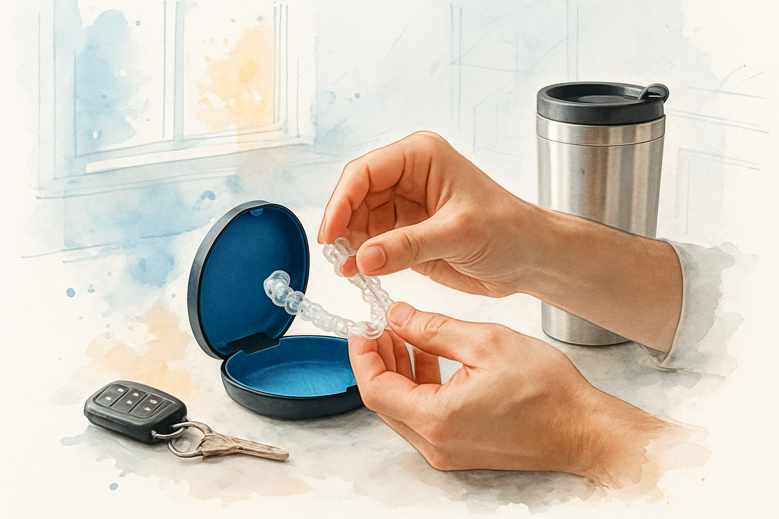 Adult hands lifting a clear aligner tray from its case on a kitchen counter before work