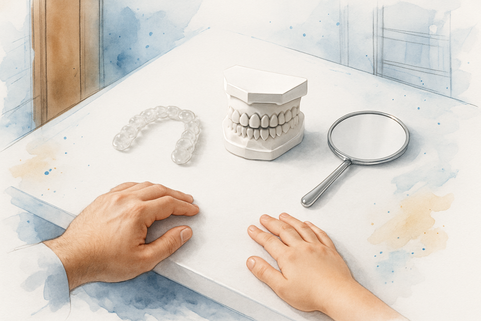 Clear aligner tray and dental model on a consultation table with an adult and child seated across from each other