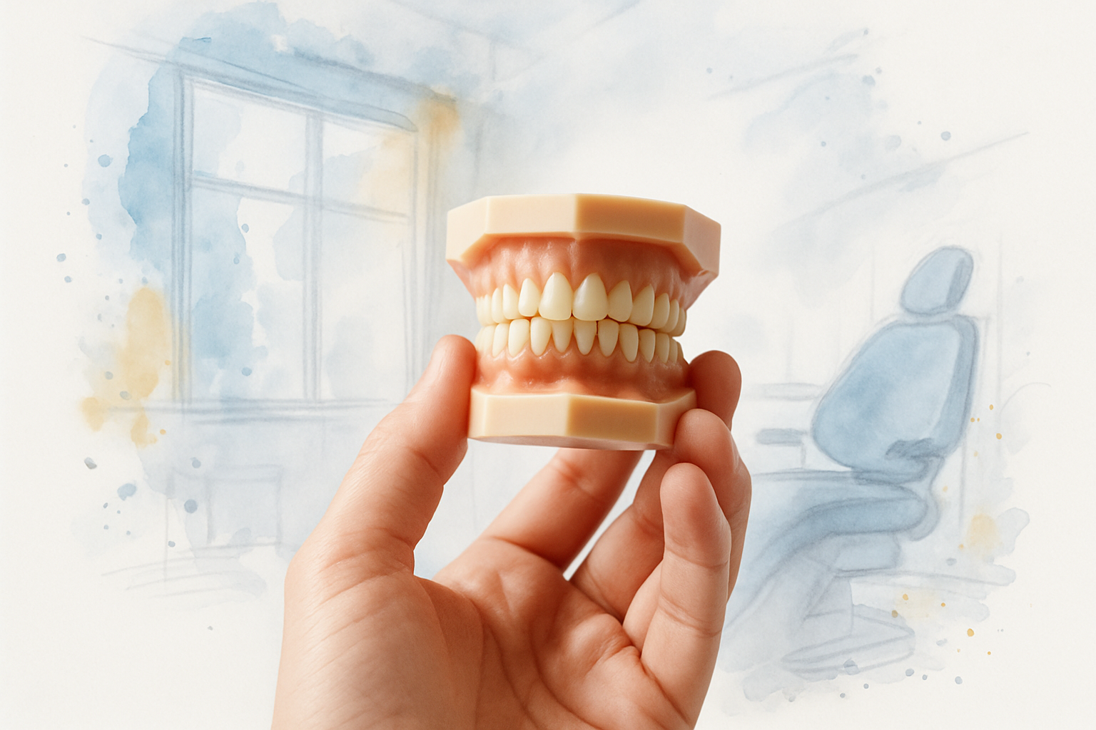 Hand holding a dental model showing crowded lower front teeth in a bright orthodontic office