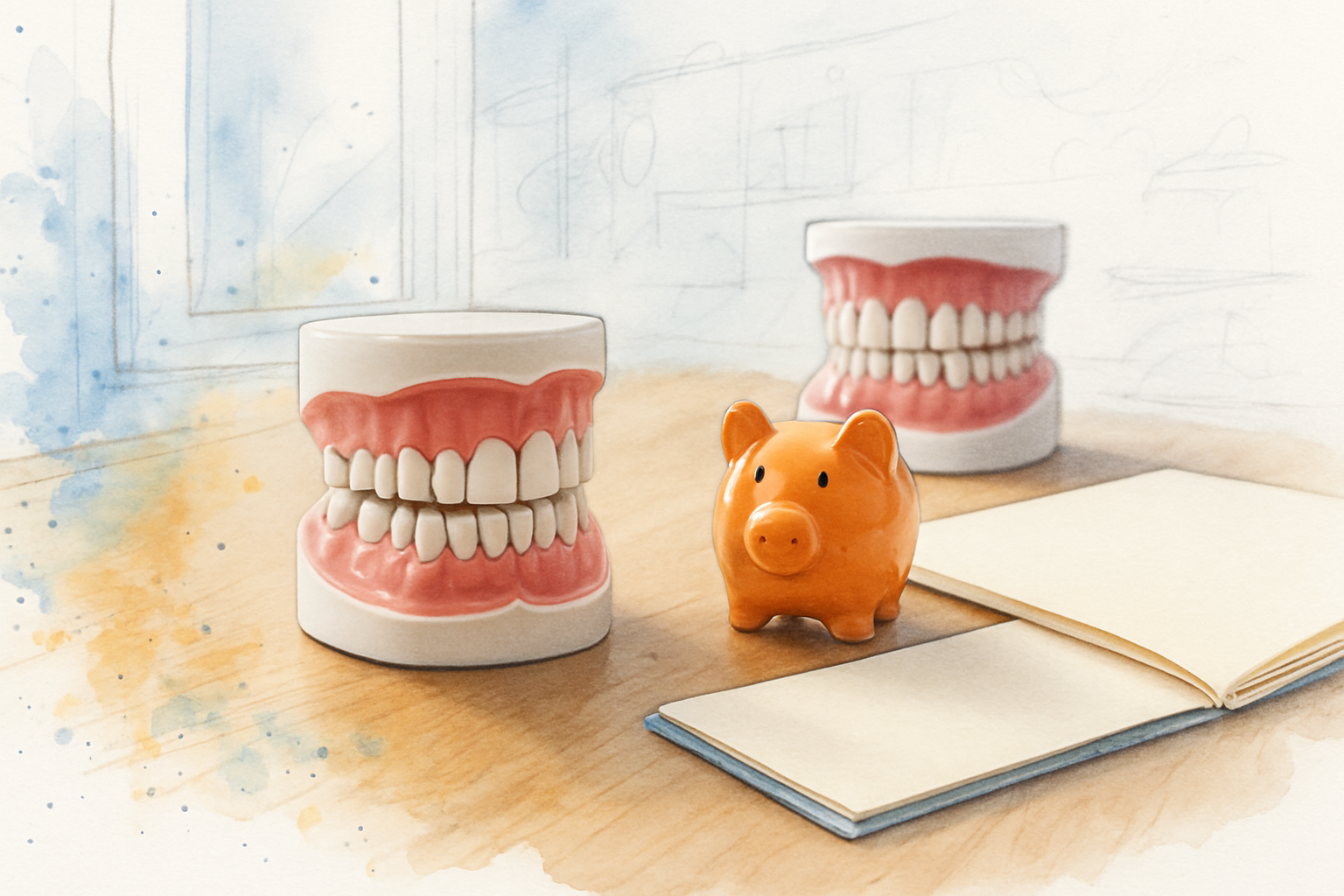 Child-size and adult-size dental models on a consultation desk beside a small piggy bank and a treatment folder