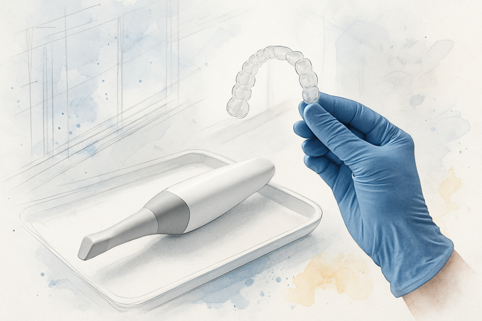 Gloved hands holding a small clear aligner tray next to a digital intraoral scanner wand