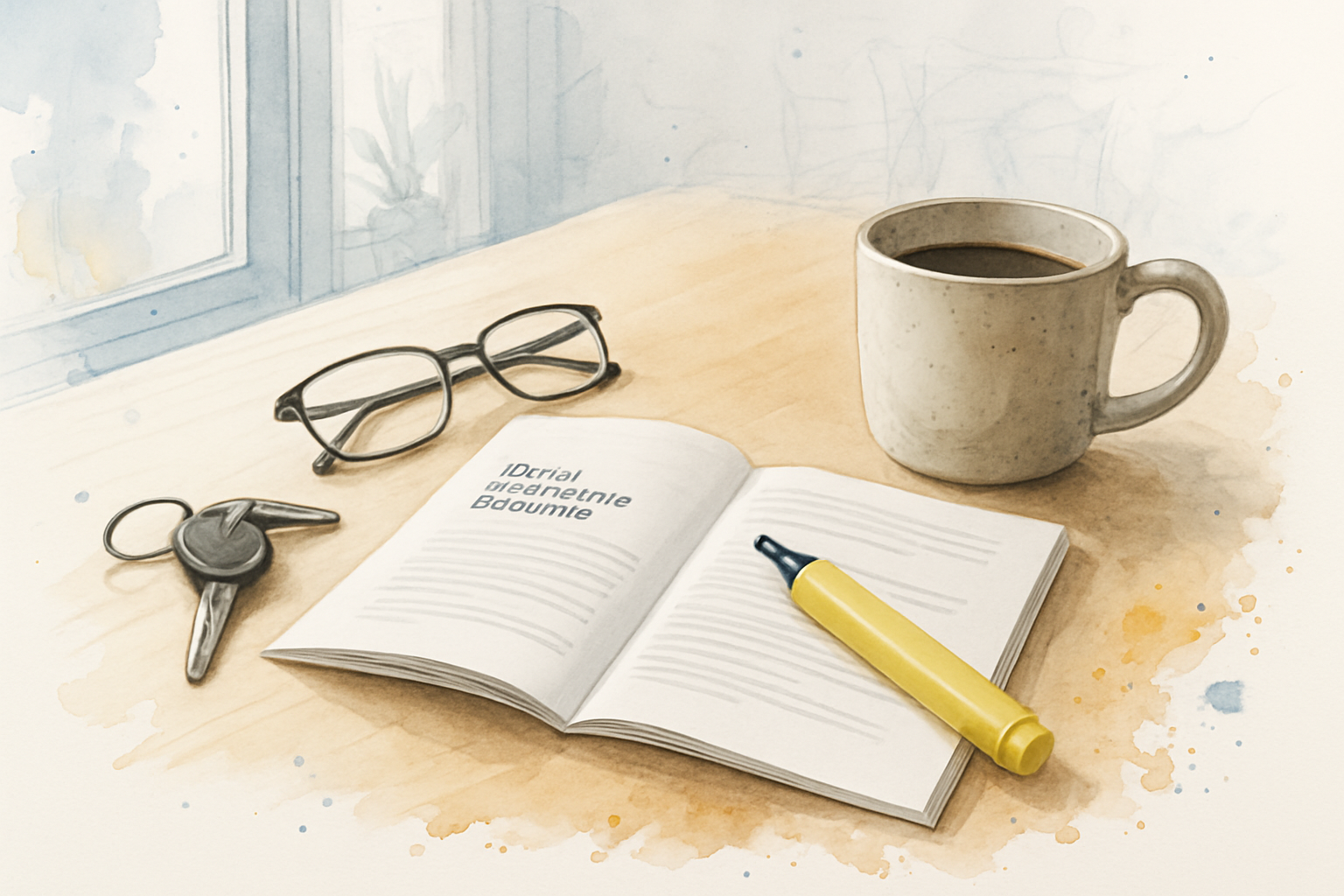 Kitchen table with an open dental benefits booklet, highlighter, glasses and coffee while reviewing braces coverage