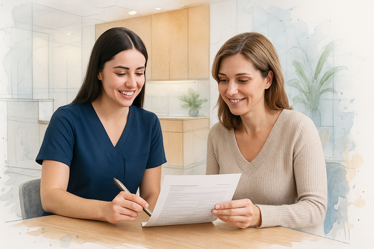Front desk coordinator reviewing a printed dental insurance benefits summary with a parent at an orthodontic office