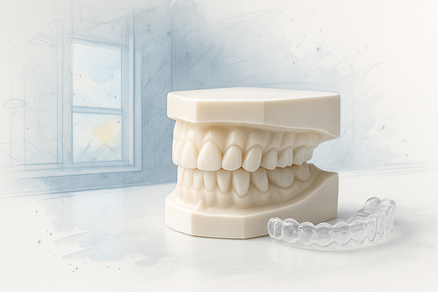 Dental models closed in a deep bite beside a clear aligner tray, showing upper teeth covering lower teeth