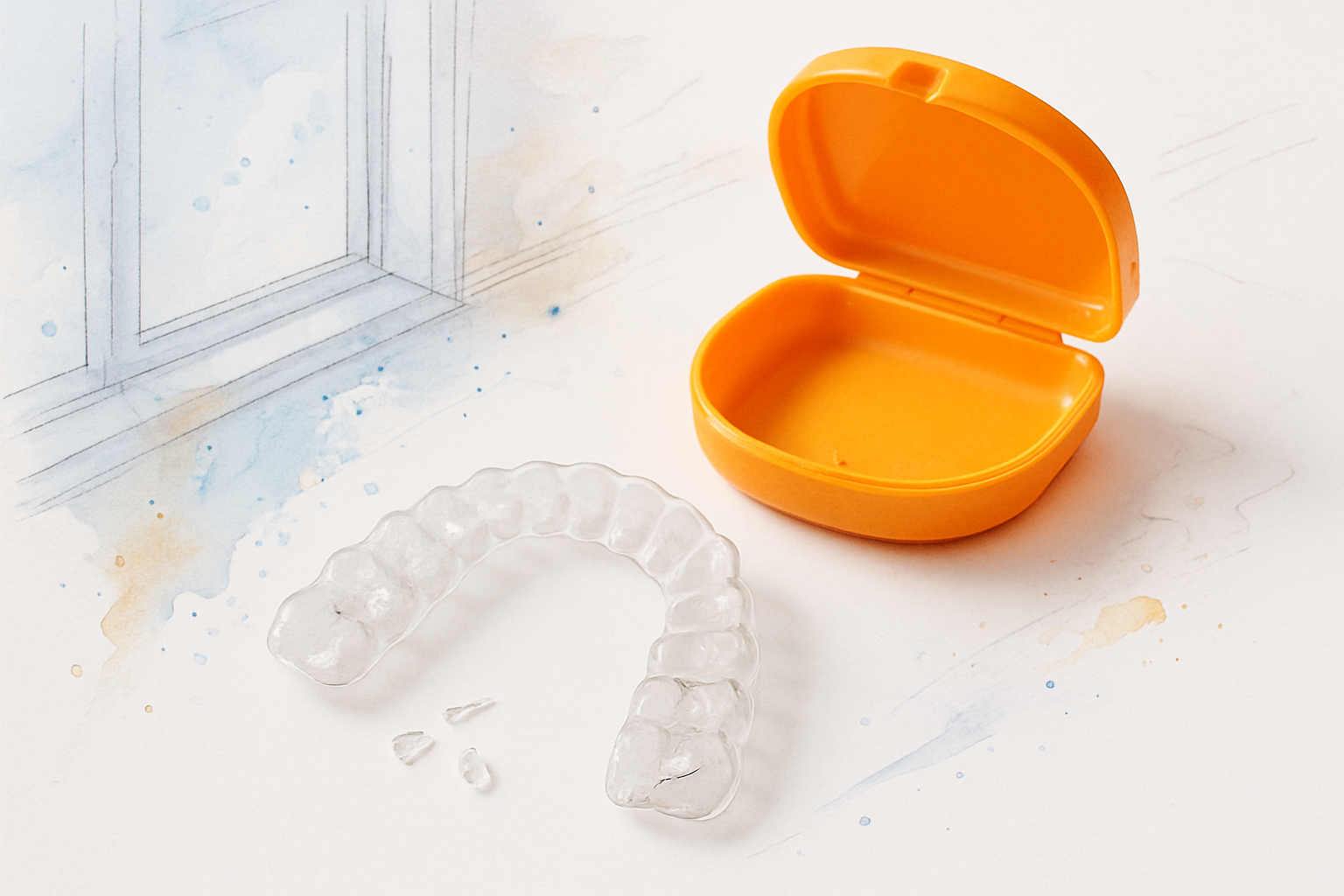 Cracked clear retainer and open case on a counter, the moment before a retainer replacement appointment