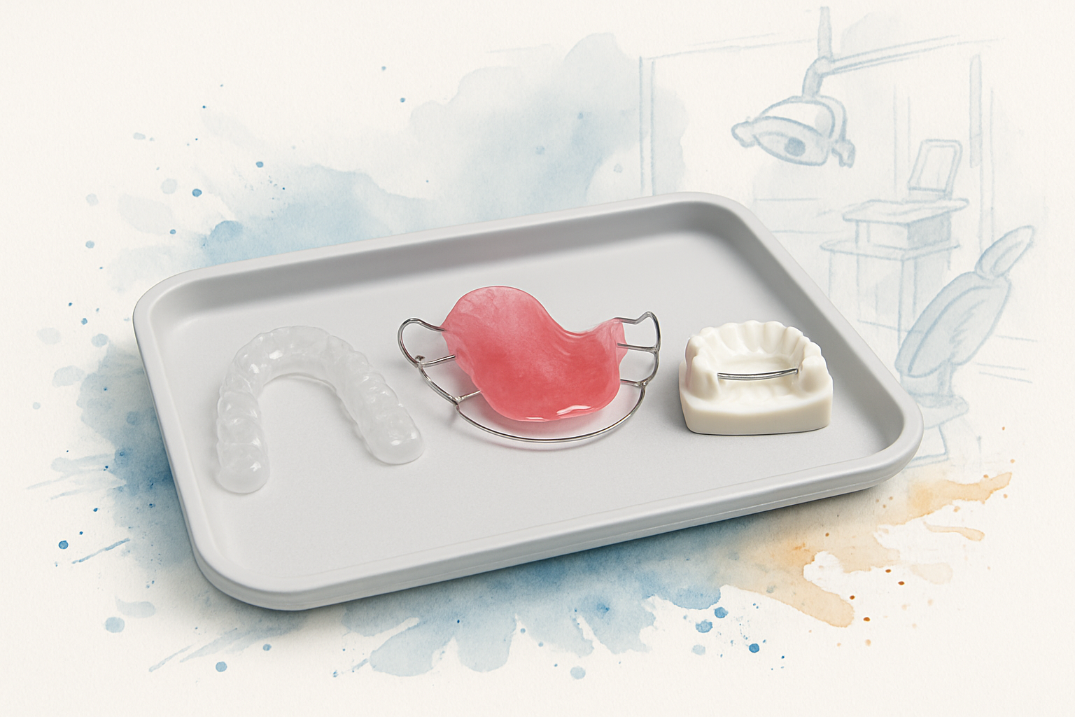 Clear retainer, wire-and-acrylic retainer, and a model with a bonded wire behind the front teeth
