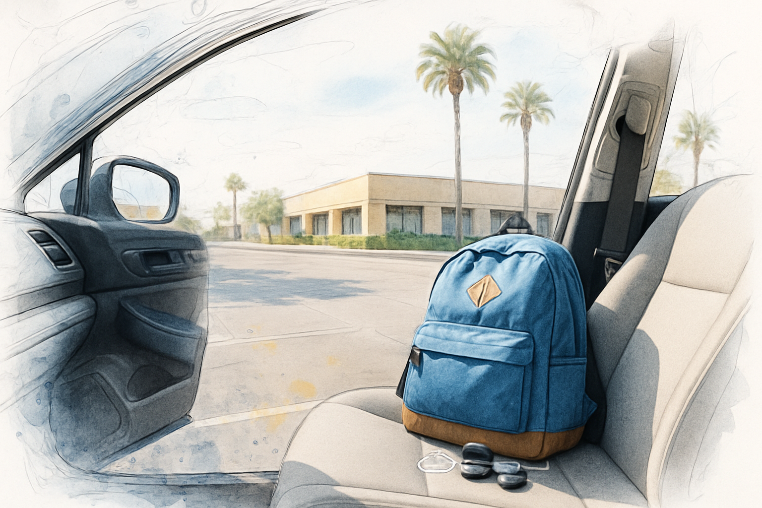 School backpack and clear aligner case on a car seat outside an orthodontic office on Beach Boulevard