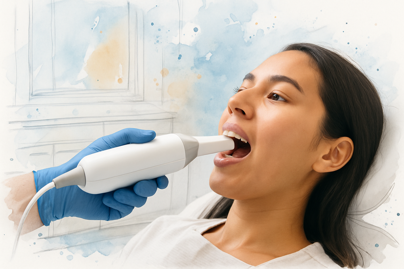 Gloved hand using a digital intraoral scanner wand on a young patient in a bright treatment room
