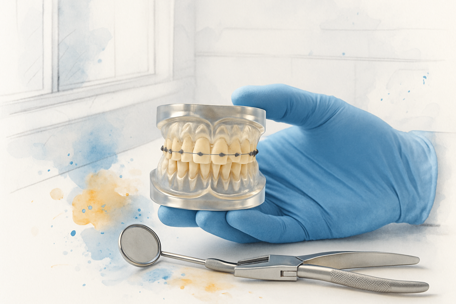 Gloved hands holding a clear model of a child's crowded lower teeth on a clinic countertop