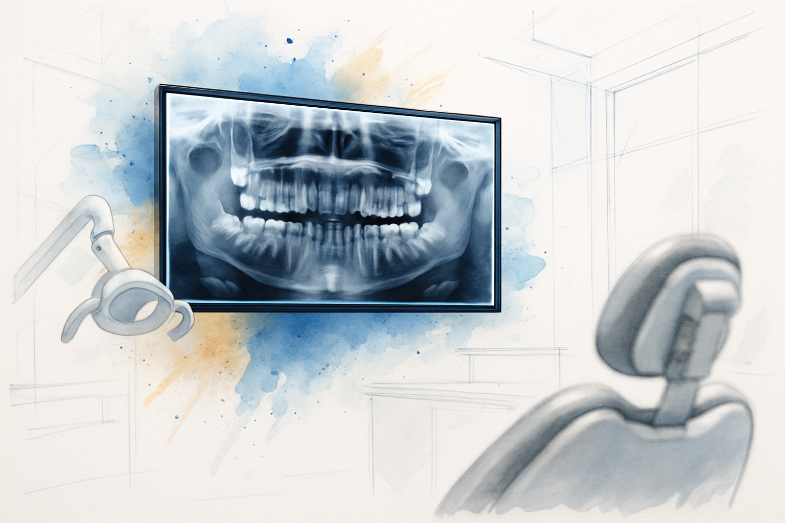 Panoramic dental X-ray of a child's developing teeth displayed on a screen in an orthodontic treatment room