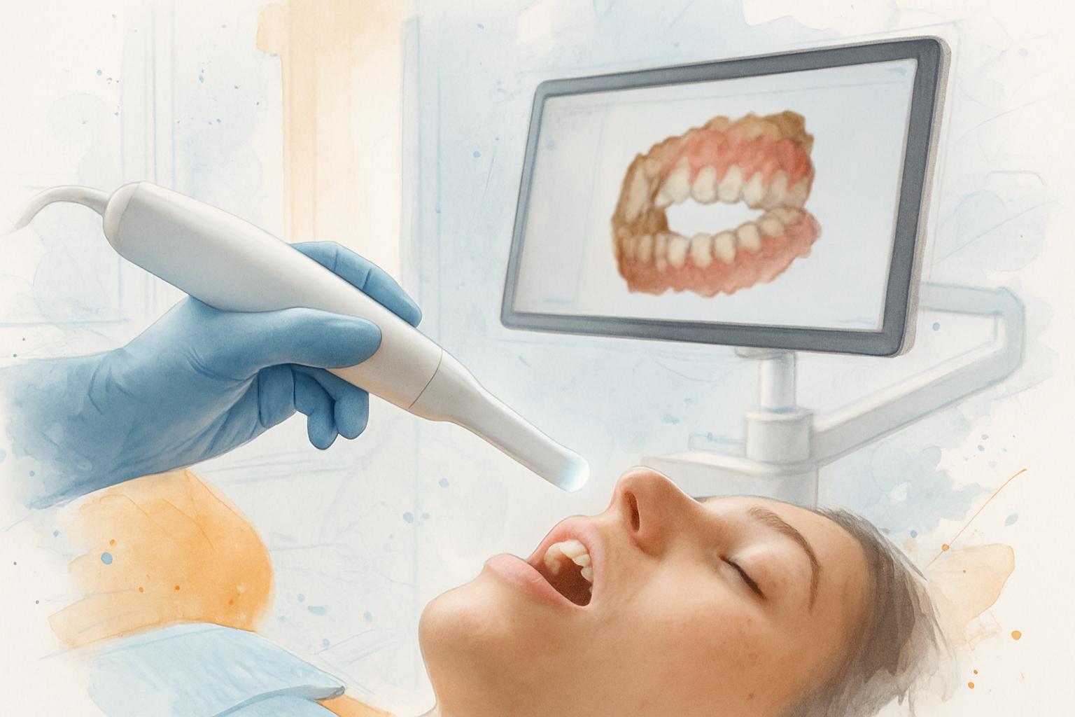 Handheld intraoral scanner wand capturing a patient's teeth while a 3D tooth model builds on the chairside monitor