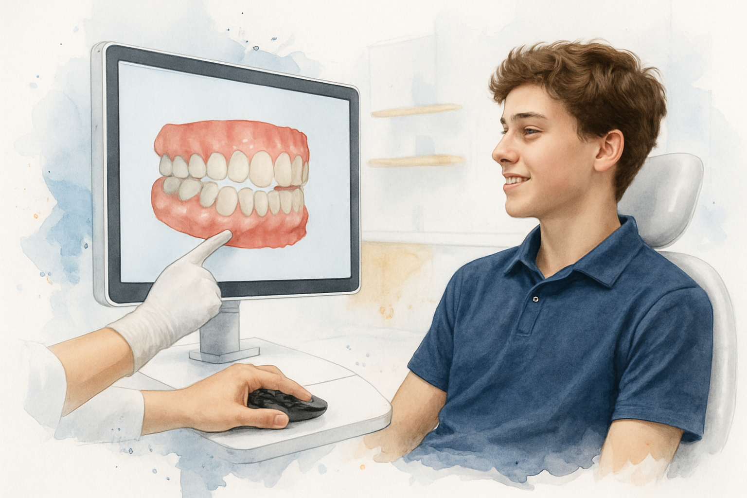 Teen patient looking at a 3D digital model of their own teeth on a chairside monitor after a scan
