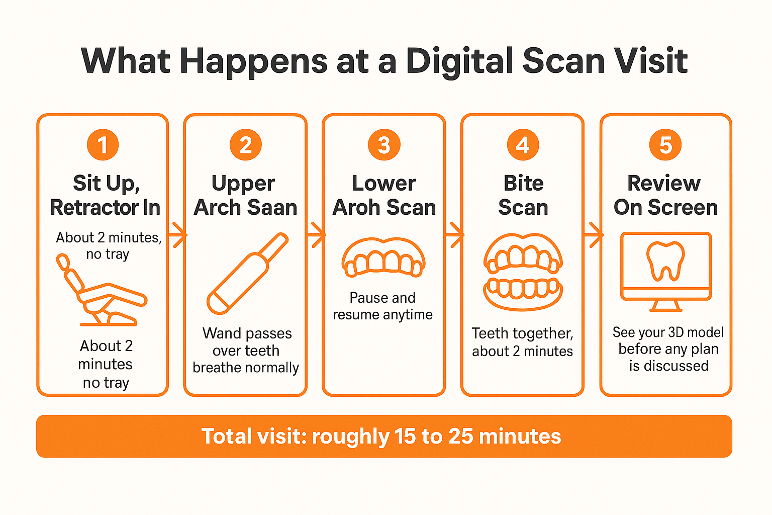 Infographic showing the five steps of a digital scan records visit and how long each takes