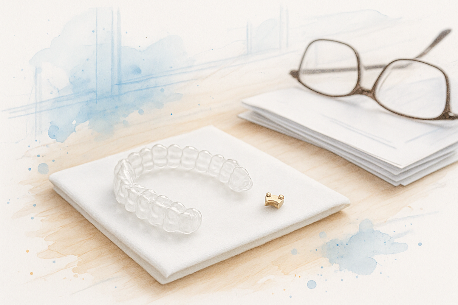 Clear aligner tray and a small orthodontic bracket on a desk beside folded insurance paperwork and reading glasses