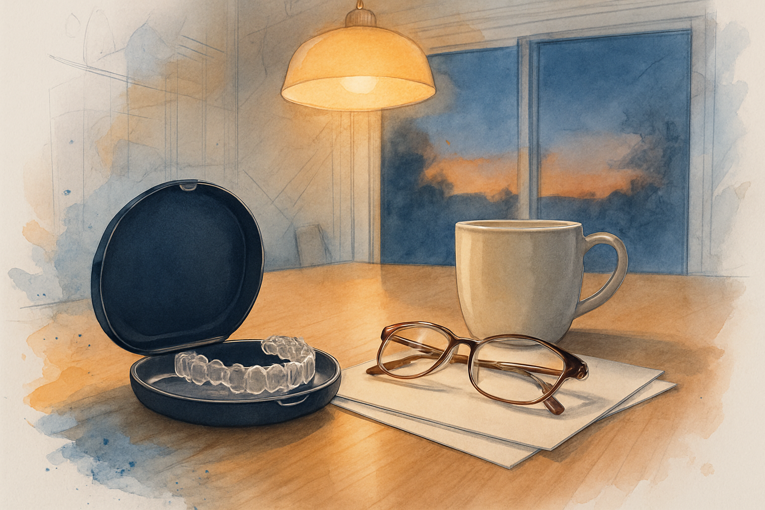 Clear aligner tray, reading glasses and blank enrollment paperwork on a kitchen table at dusk