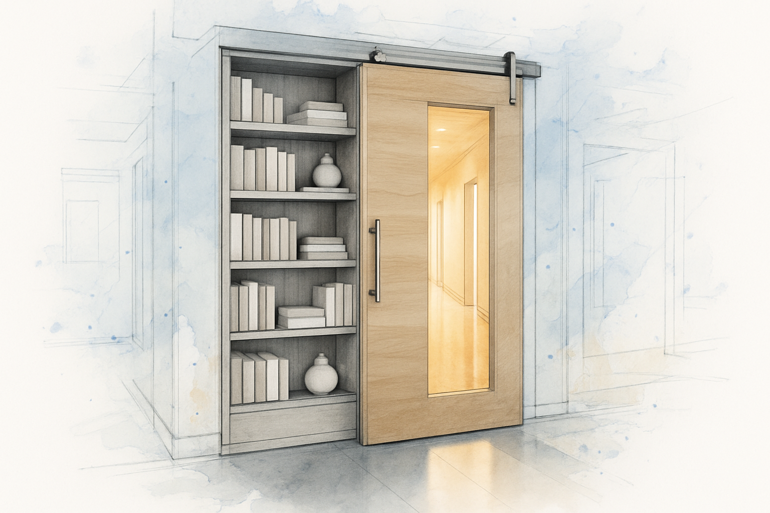 Sliding bookshelf door partly open revealing a warmly lit modern orthodontic office hallway