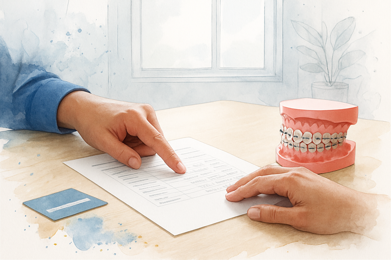Hands reviewing a printed orthodontic payment schedule beside a dental model with braces on a consultation desk
