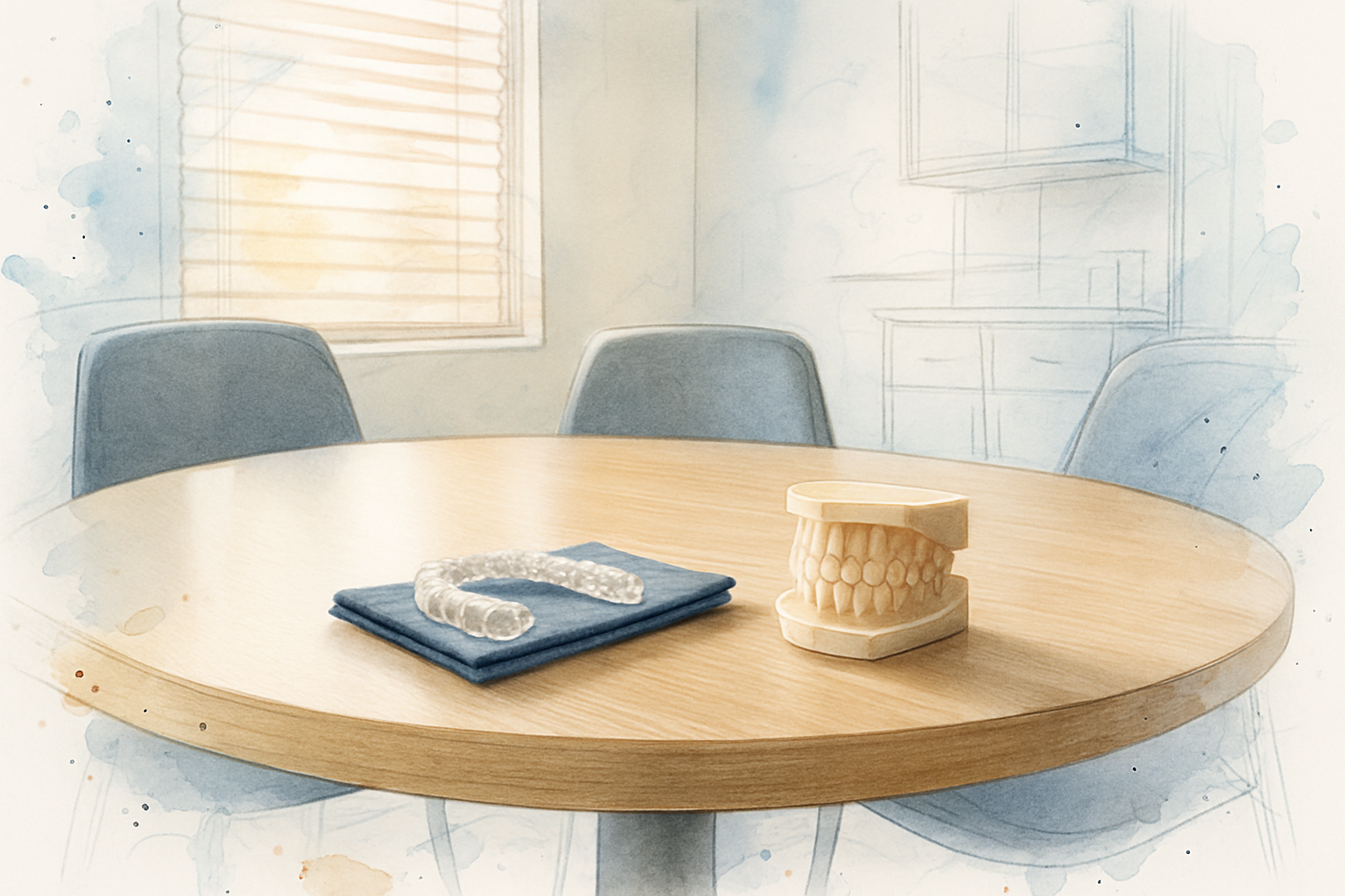 Consultation table with three chairs, a clear aligner tray and a 3D dental model in a bright orthodontic office
