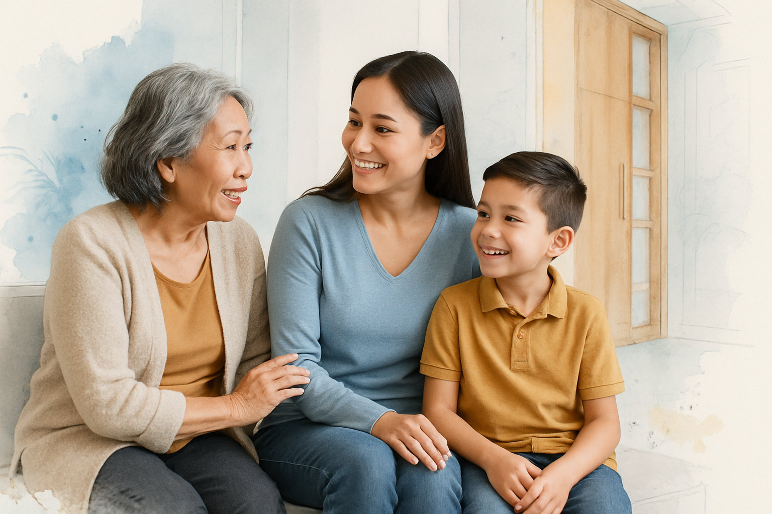 Grandmother, mother and child seated together in a modern orthodontic waiting room with a bookshelf door behind them