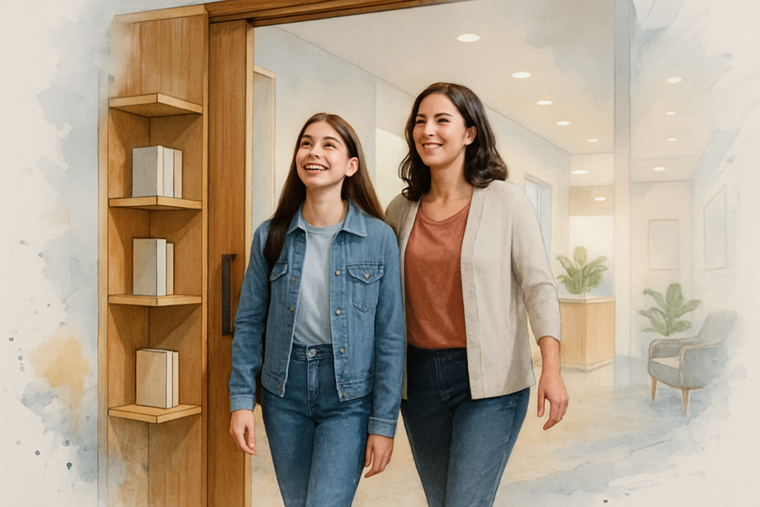 Mother and daughter walking through a sliding bookshelf door into a modern Huntington Beach orthodontic lobby