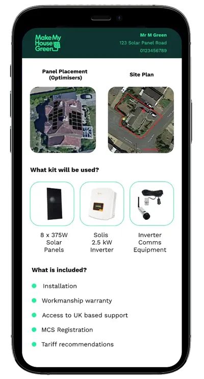 Mobile screen showing solar panel installation kit details with roof panel placement, site plan, kit components, and included services.