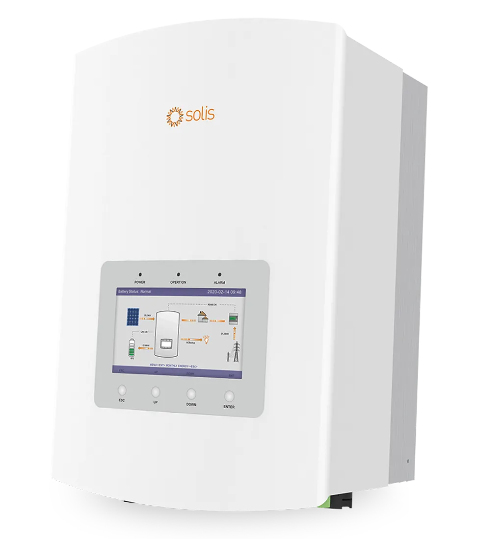 White Solis solar inverter with a digital display screen showing battery status and energy flow, featuring control buttons below the screen.
