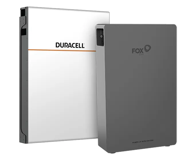 Two rectangular energy storage battery units, one white labeled Duracell and one gray labeled Fox.
