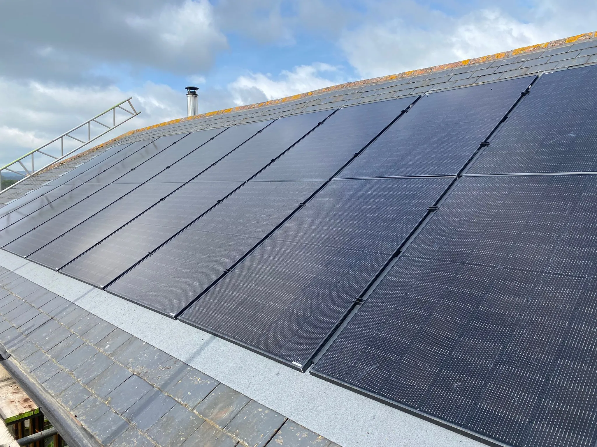 Rows of black solar panels installed on a sloped rooftop