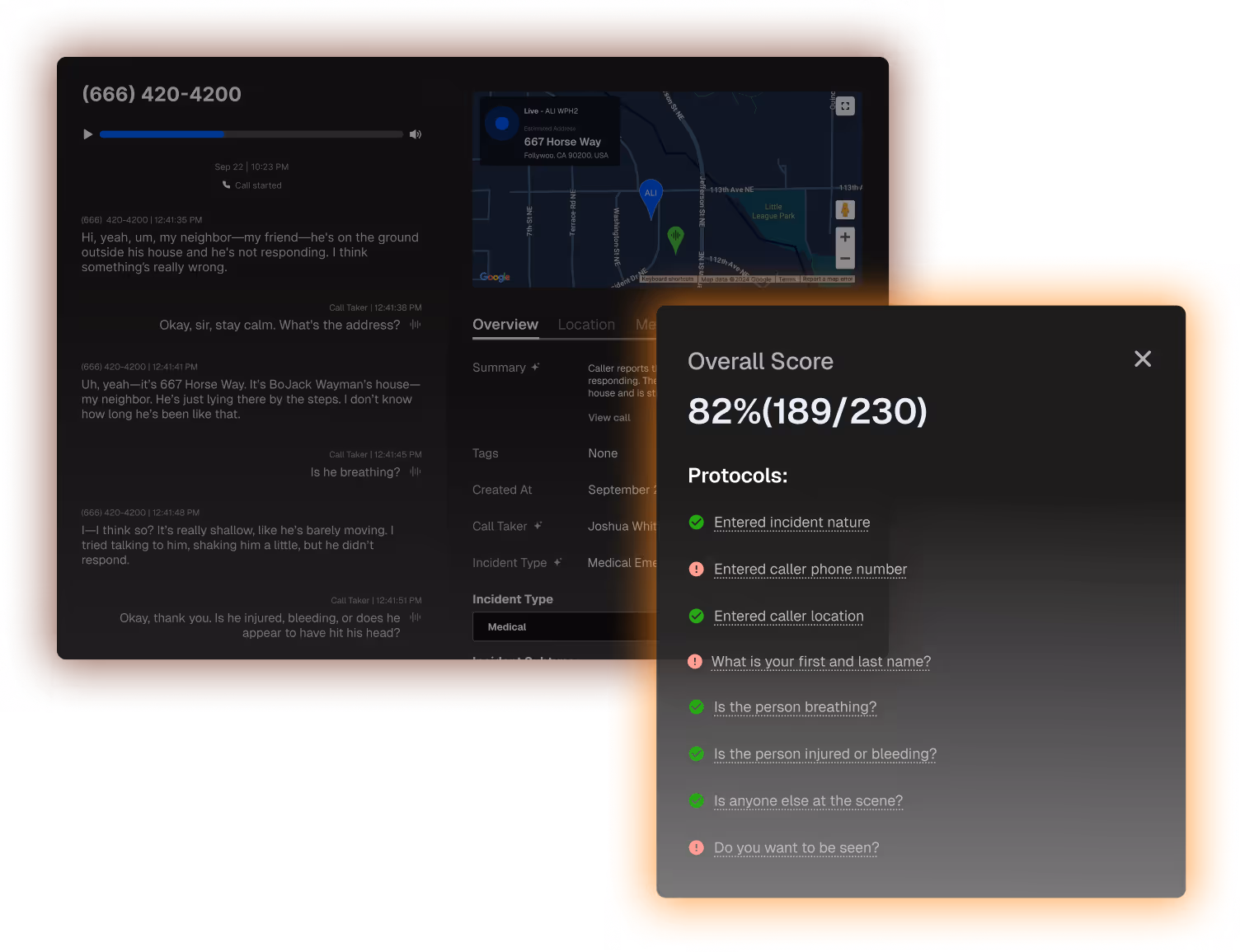 Interface showing an emergency call transcript with location map and an overall score of 82% for protocol completion, highlighting answered and missing call protocol steps.