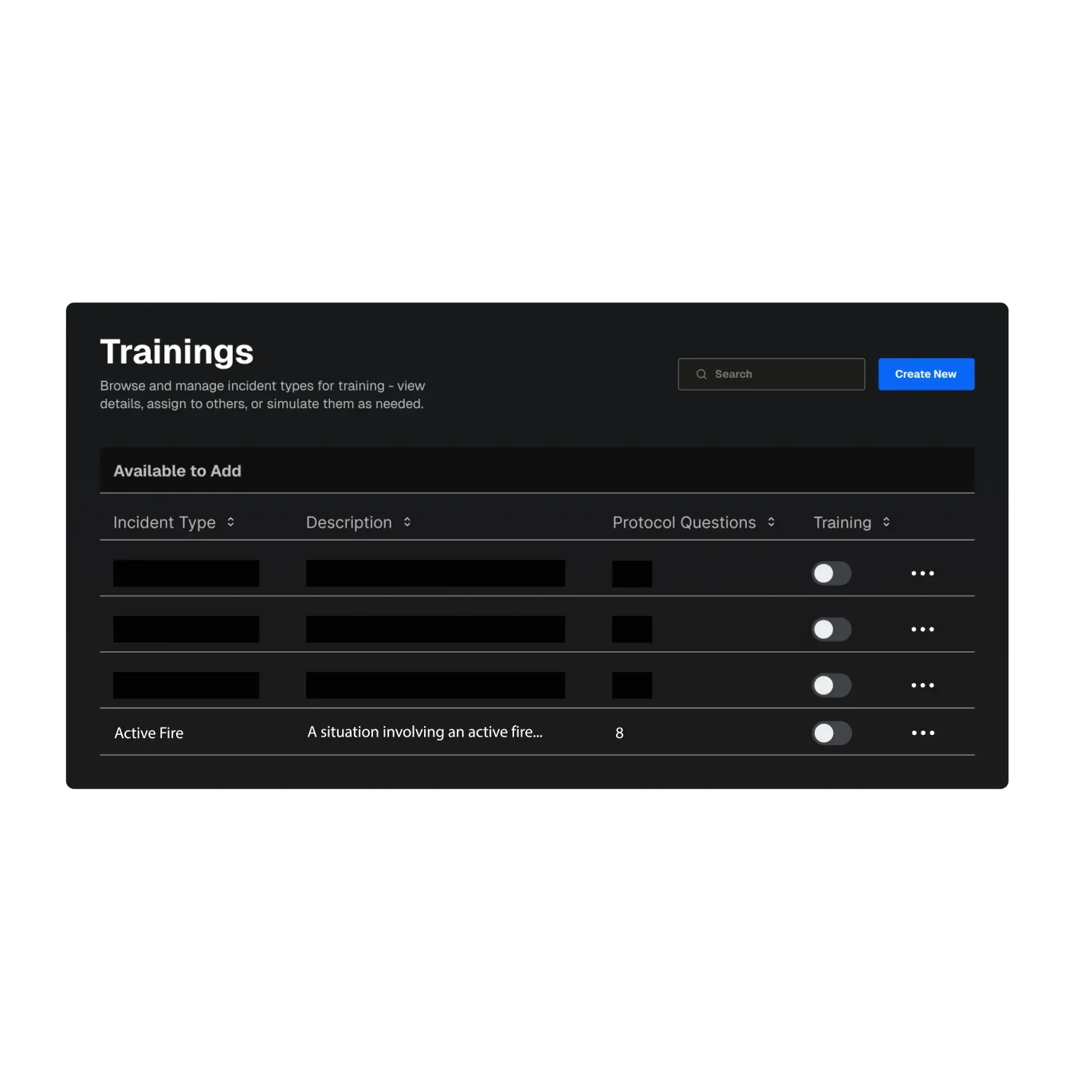Trainings dashboard showing a list of incident types available to add, including Active Fire with description and protocol questions count.
