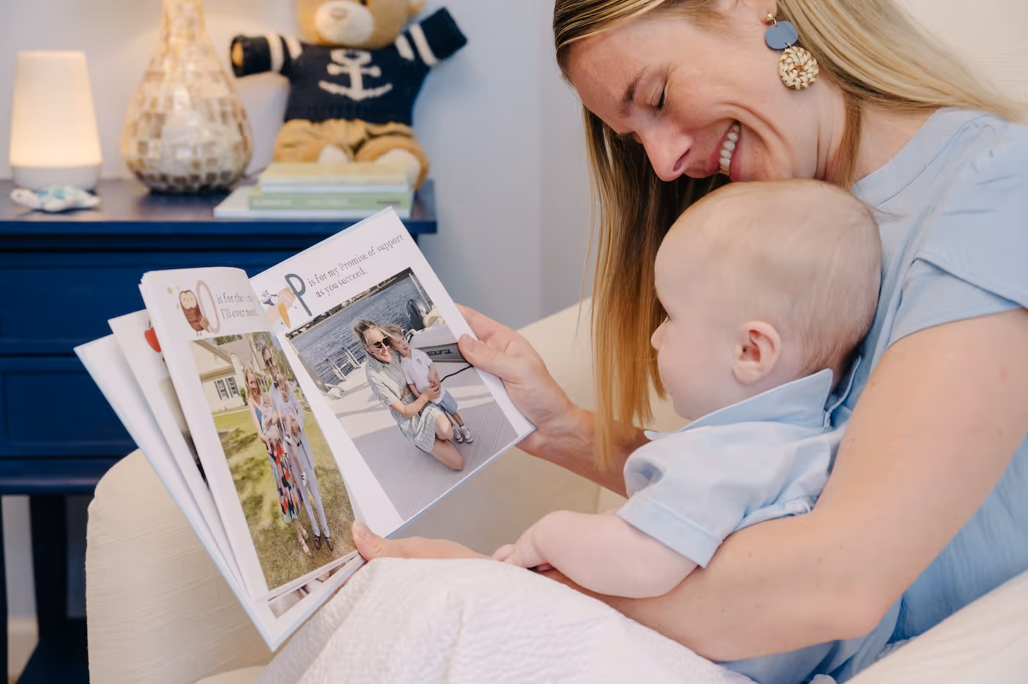 A mother reads a Stareworthy ABC book to her baby
