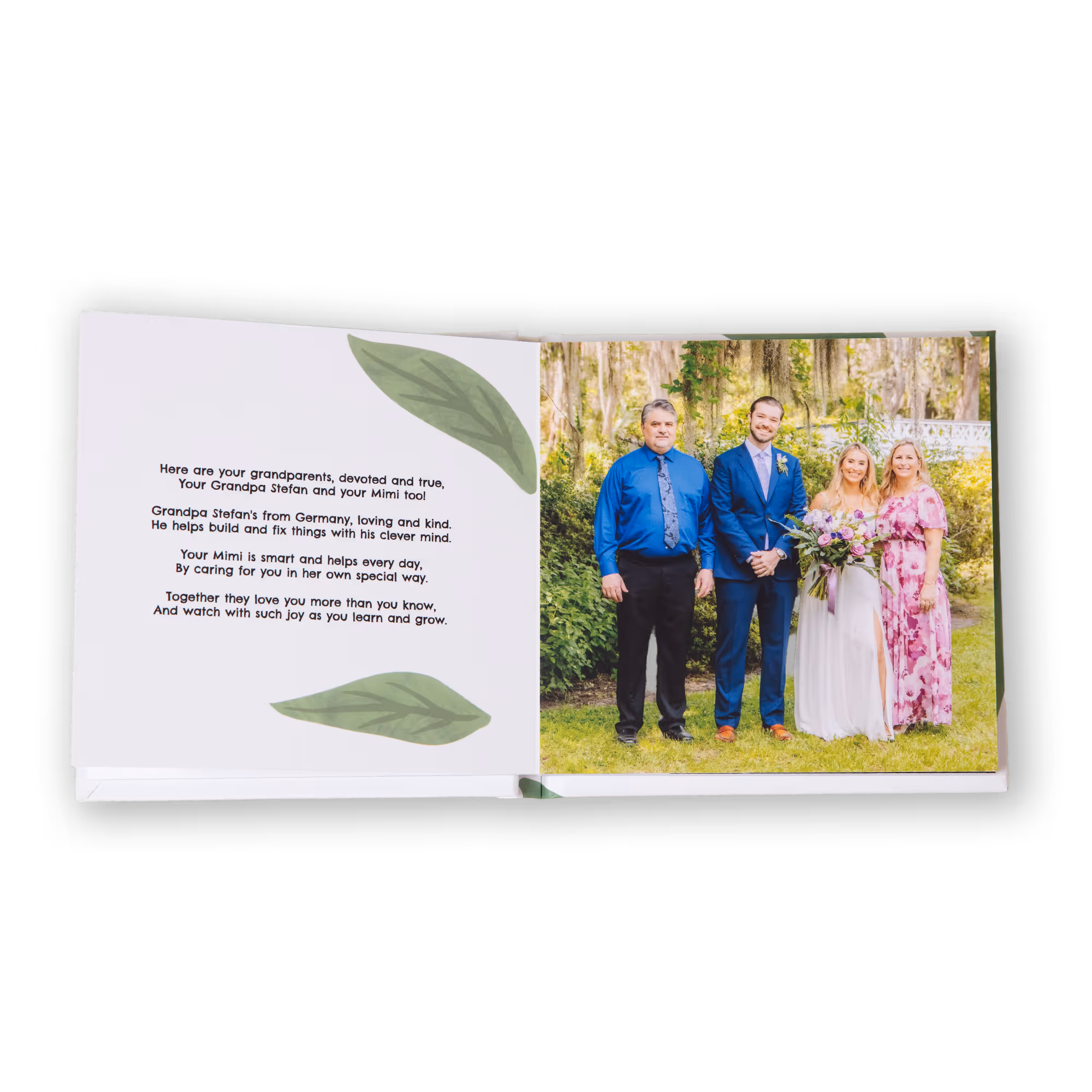 Open book page showing custom rhymes about a baby's grandparents on left and a photo of them on the right.