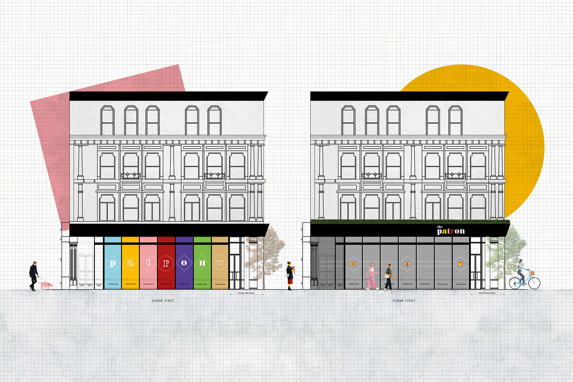 Mockup of The Patron's exterior window signage.