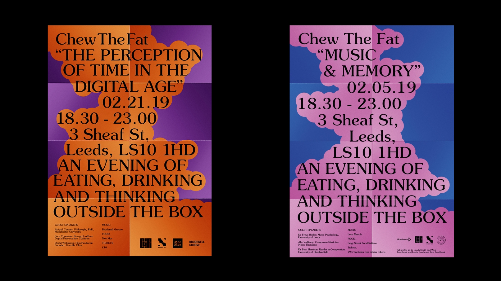 Two Chew the Fat event posters showing the event information and a chewing motif around the edges, illustrating the posters being chewed away.