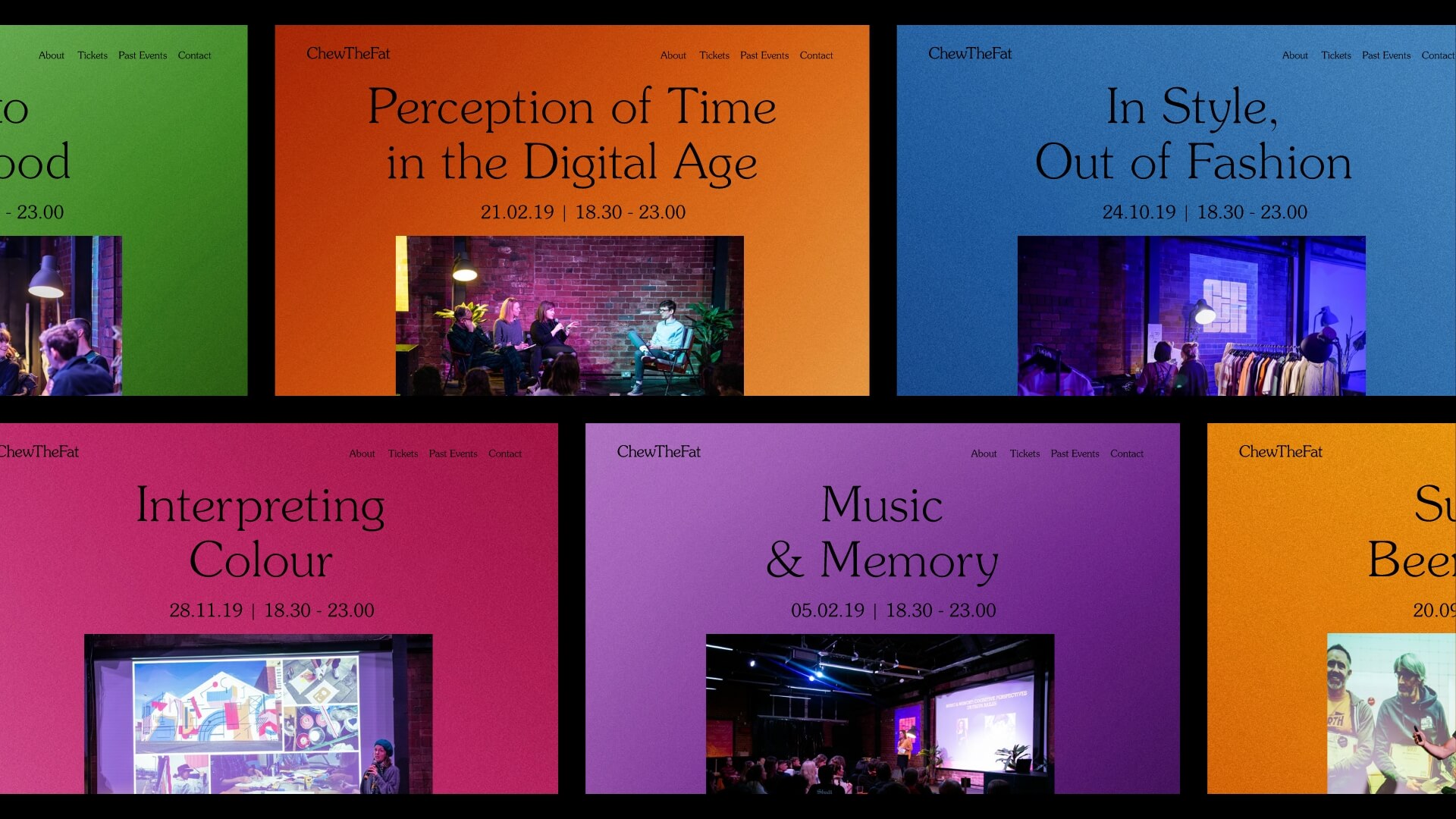 Multiple images showing the Chew the Fat homepage for different events.