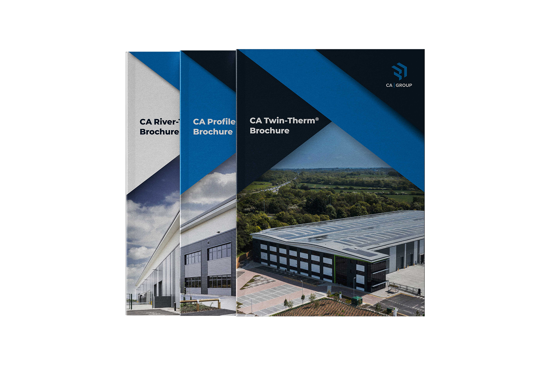 Three stacked brochures showing the CA Group brochure cover designs, featuring a building image and the CA Group logo.