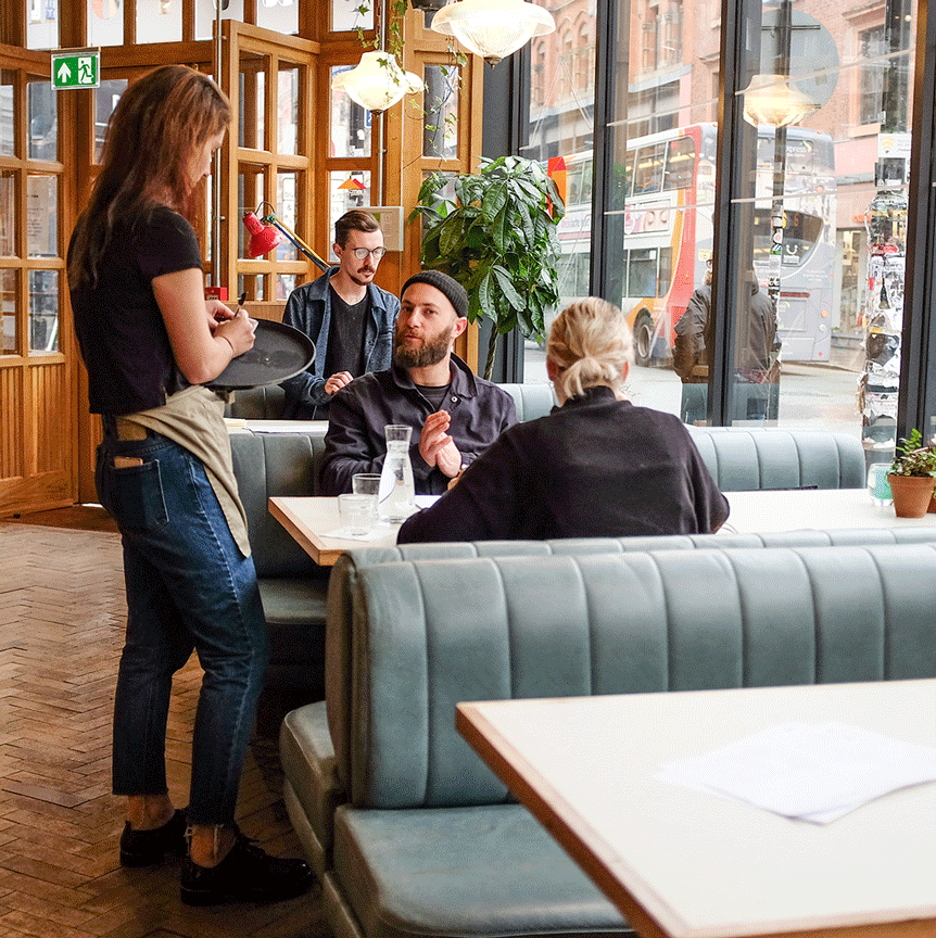 Series of interior photos from The Patron showing food, people and the space.