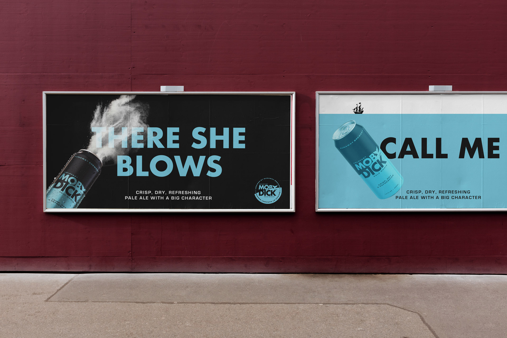 Two billboards showing promotional designs for Moby Dick beer: one shows a can opening with text reading 'There she blows,' and the second shows the can underwater with a boat floating on the ocean and the text 'Call me.