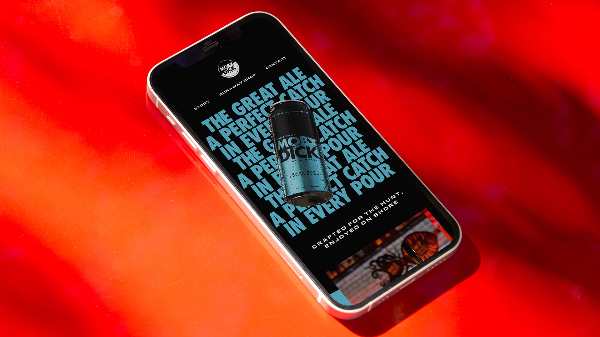 Mobile phone on an orange background showing the Moby Dick website.