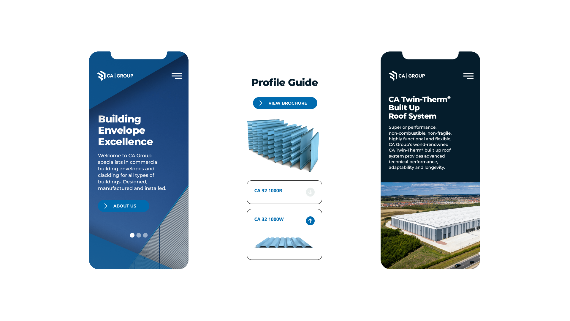 Three phone screens showing the CA Group website on different mobile devices, demonstrating responsive design.