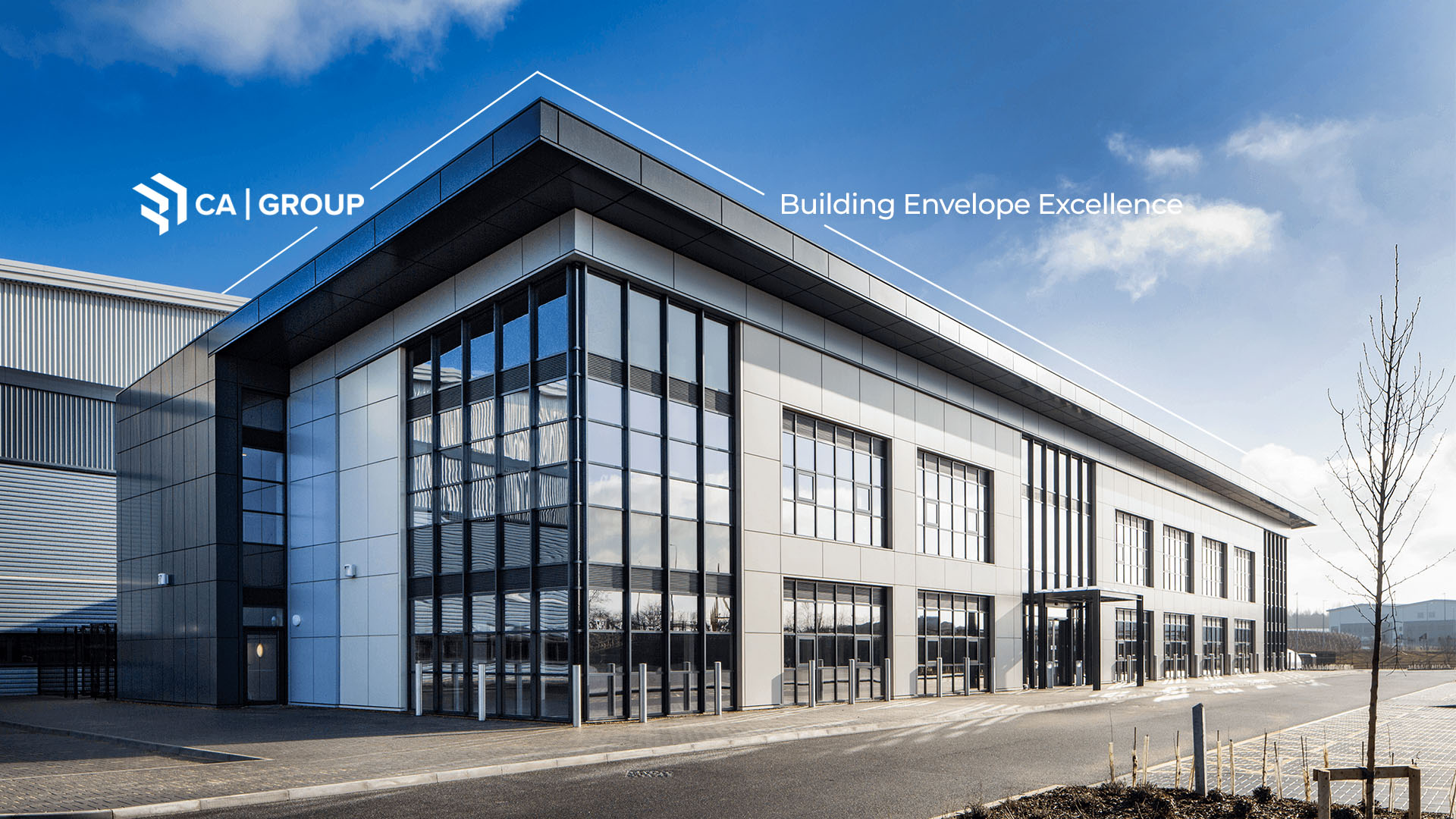 Exterior of a large building with the CA Group logo on the left and white text on the right reading 'Building Envelope Excellence.'