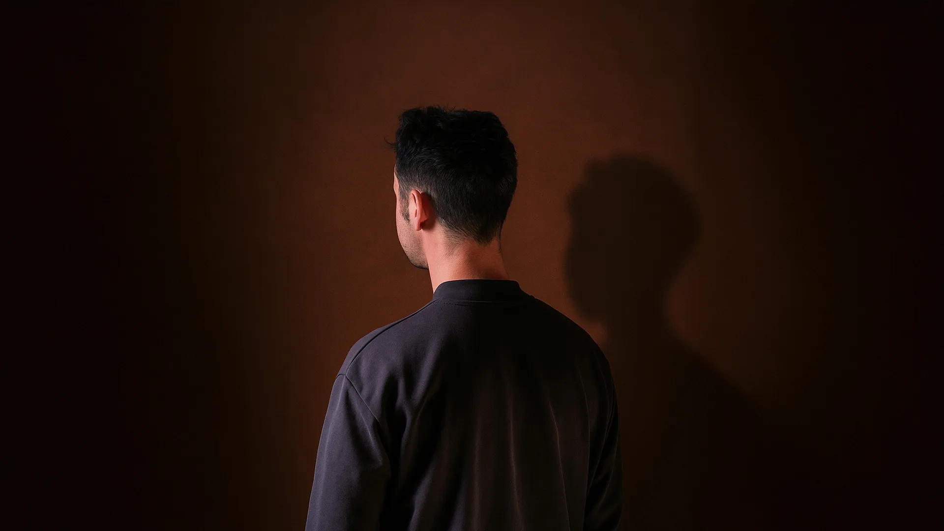 A man wearing a black t-shirt with his back to the camera on a warm brown backdrop.