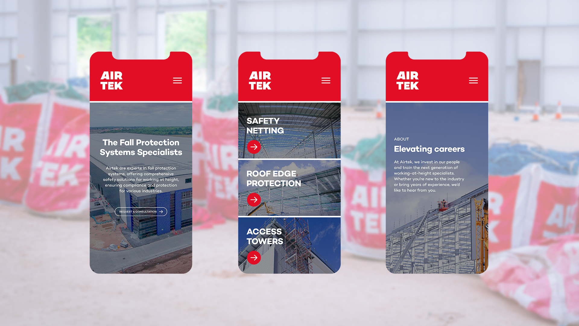 Three mobile phone screens displaying the responsive layout of the Airtek website.